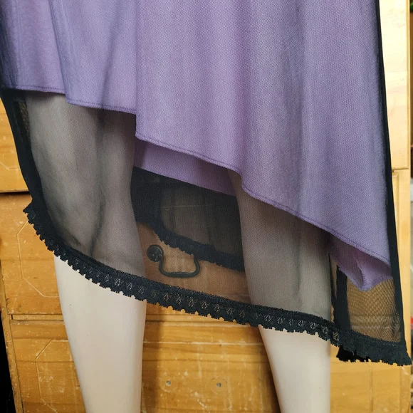 Vintage 90s Whimsigoth Lilac Slip Dress Black Mesh Overlay Asymmetrical Large - Picture 6 of 15
